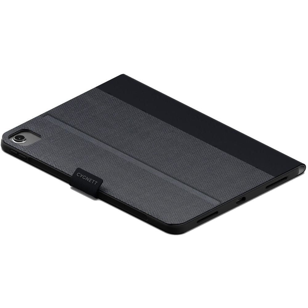 Black protective iPad case with textured fabric back and camera cutout