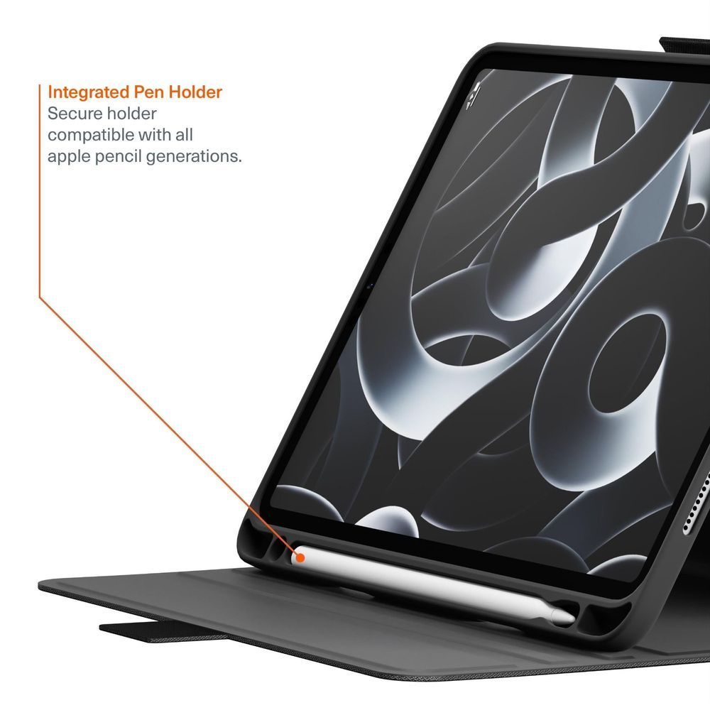 Black folio protective case with kickstand, holding tablet upright for viewing
