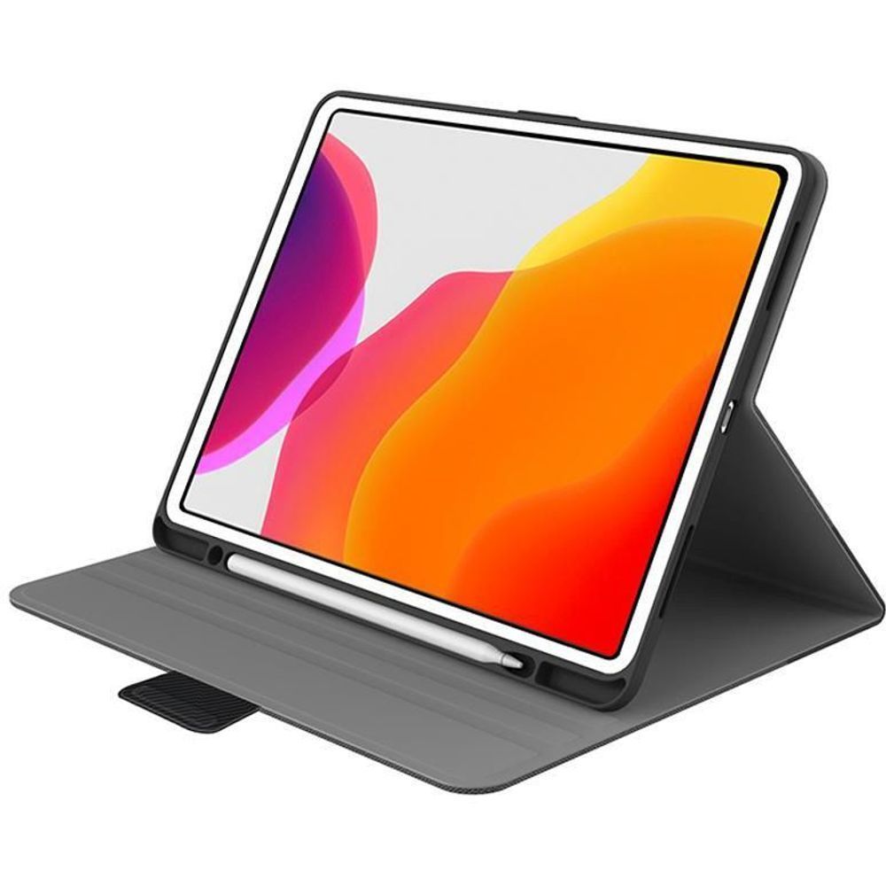 Grey/black iPad folio cover holding a tablet upright in landscape viewing mode