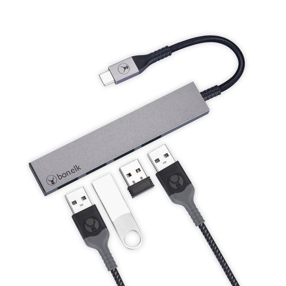 Space grey USB-C hub with braided cable and four USB ports for devices