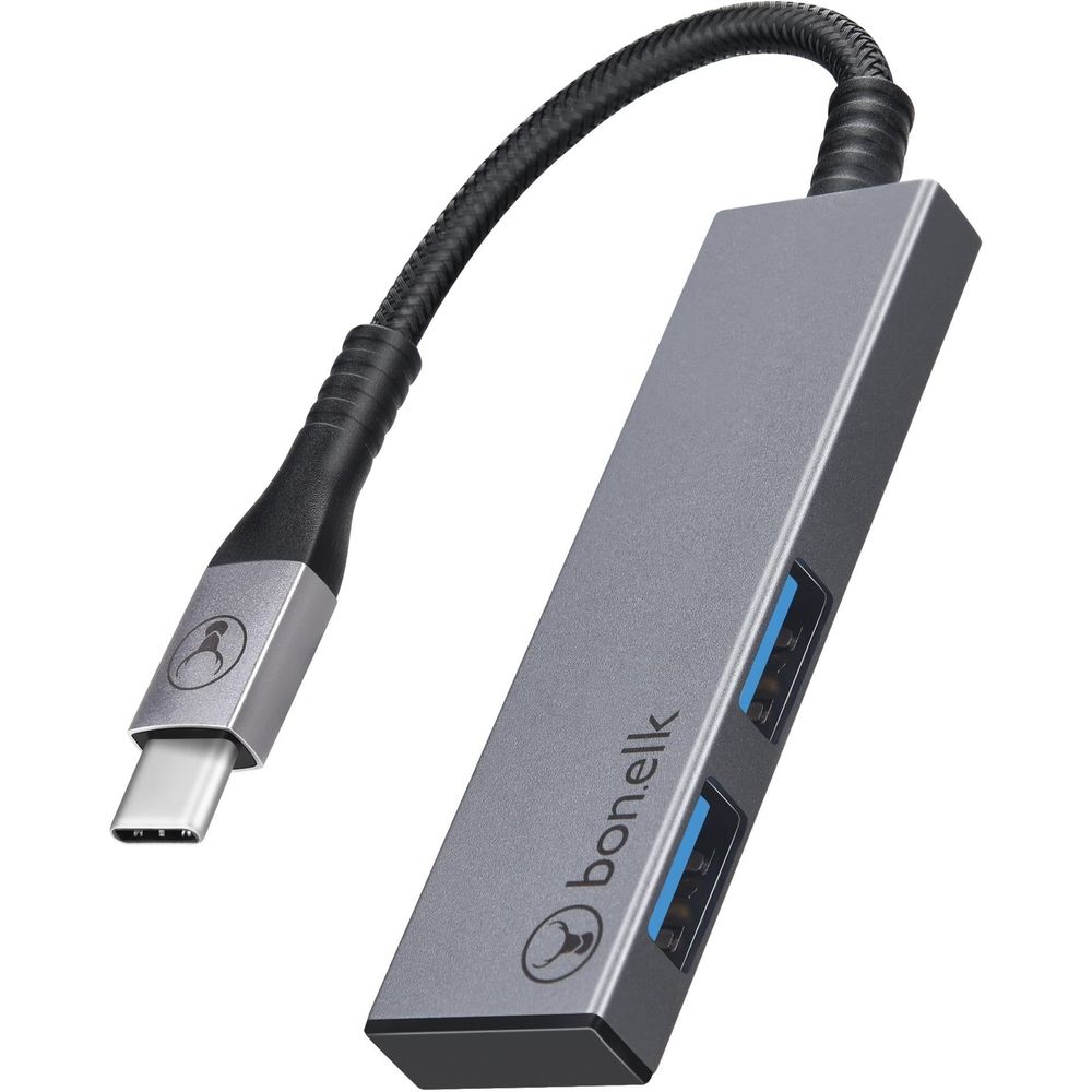 Bonelk slim USB-C to dual USB-A hub with braided cable, two blue USB-A ports