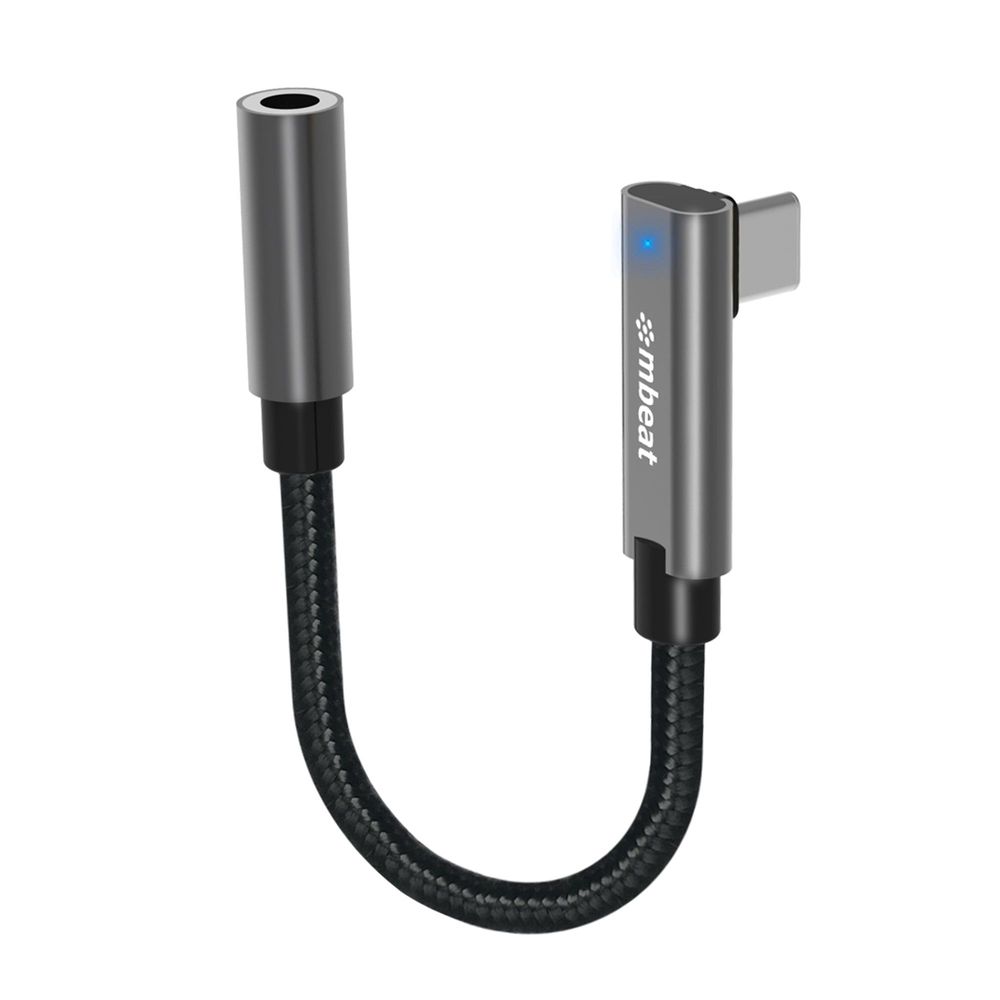 Space grey USB-C to 3.5mm audio adapter cable with metal connectors and braided cord