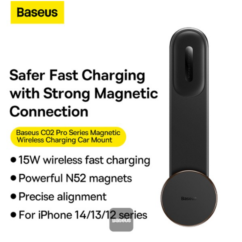 Black wireless charging car mount module with round magnetic base and vertical stem