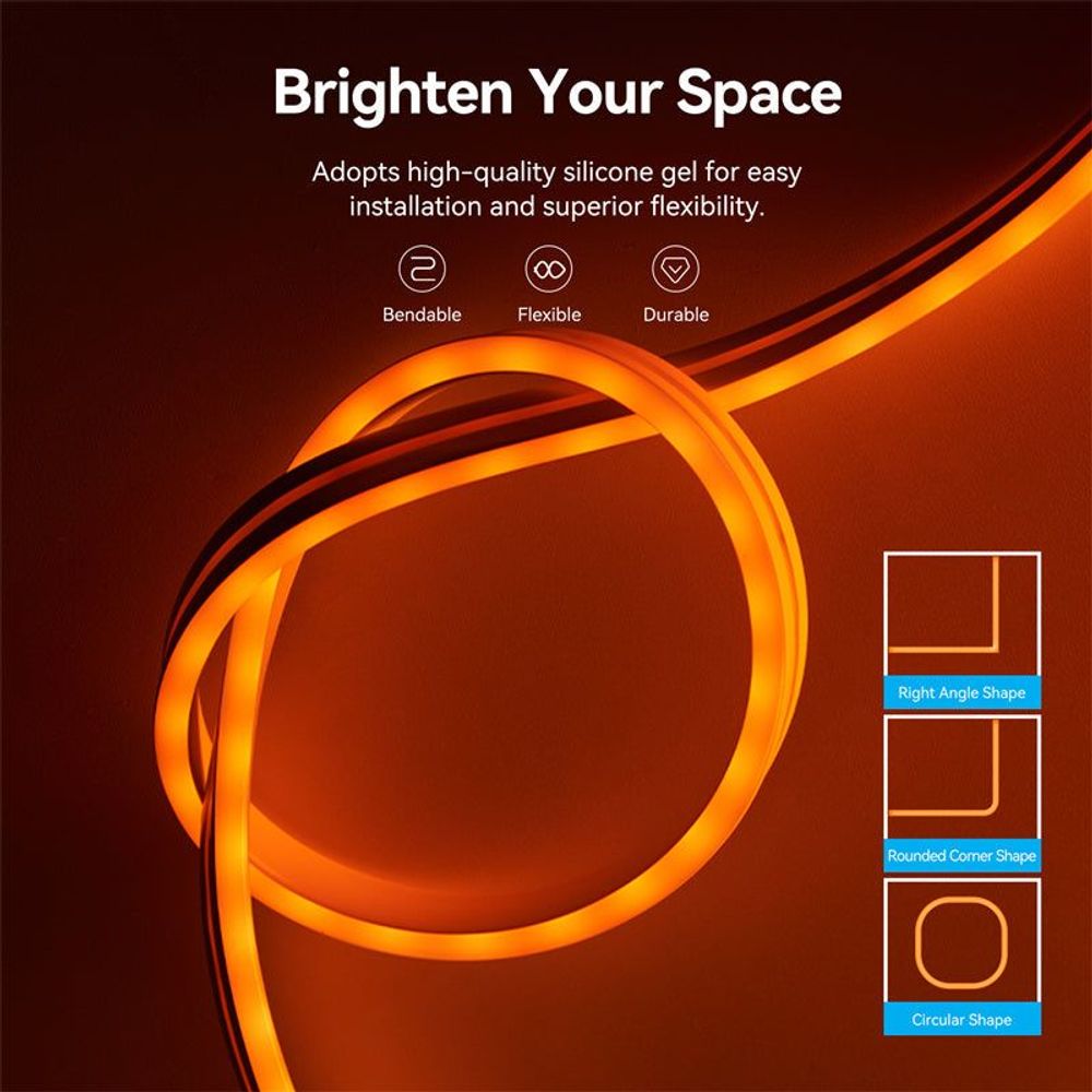 Silicone neon LED strip lights in warm orange, showing bendable ring loop.
