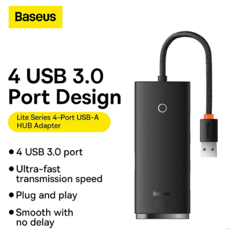 Black Baseus USB-A 4-port USB 3.0 hub adapter with braided cable and USB plug