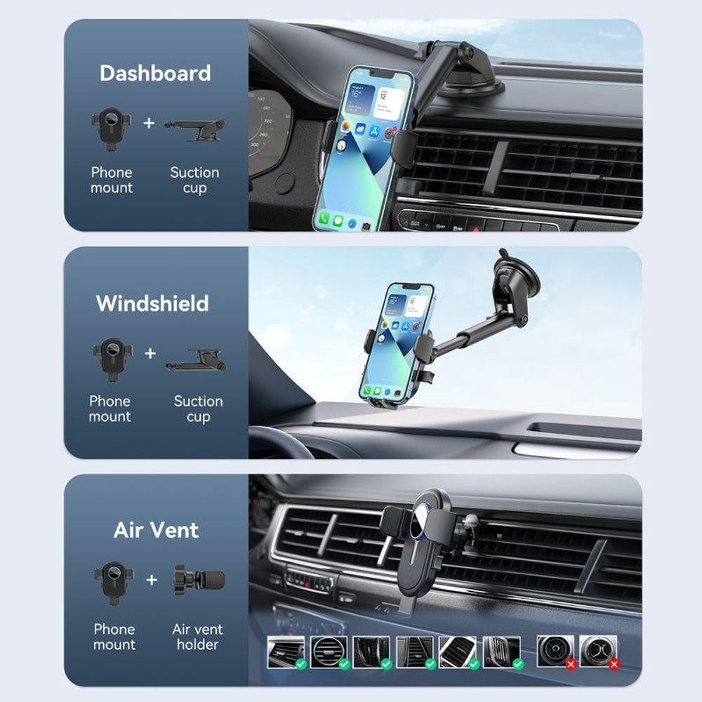 VEN-KSBB0 - Vention One Touch Clamping Car Phone Mount with Suction Cup+Duckbill Clip Black Square Type