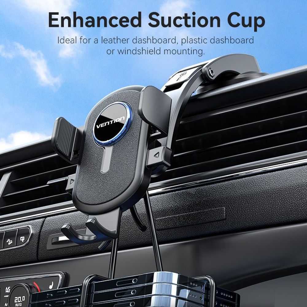 Black suction-cup car phone mount with Vention-branded textured cradle