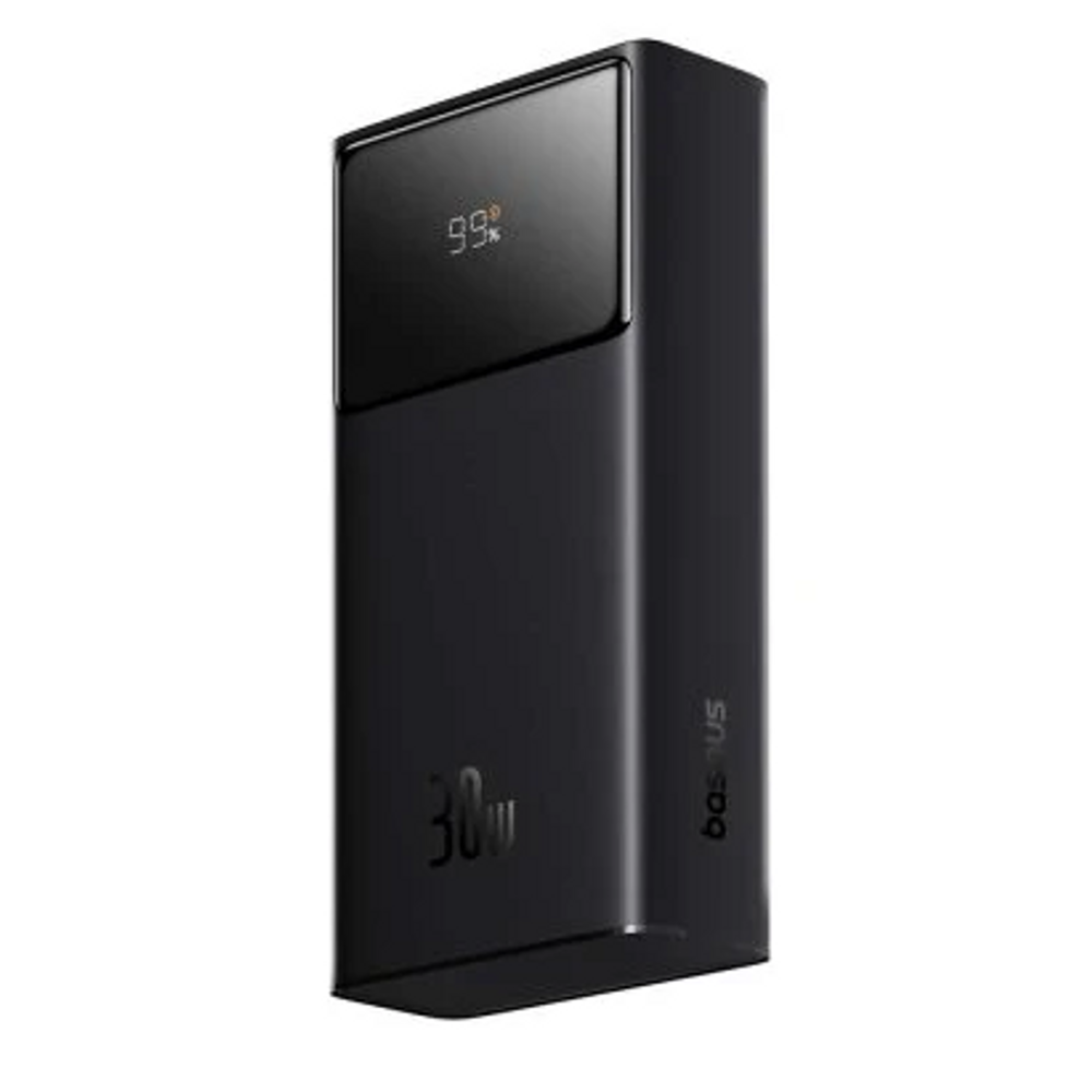 Black power bank upright with 99% digital display and 30W marking