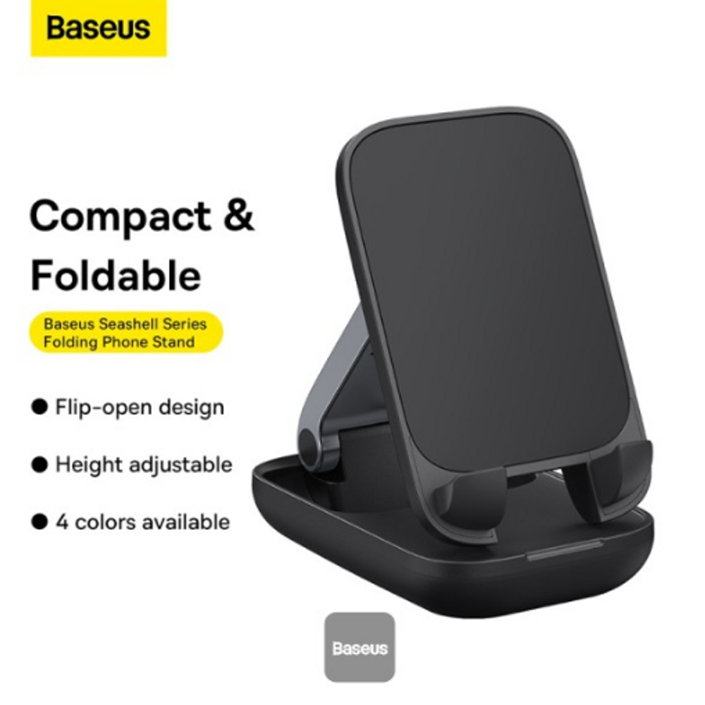 Black compact phone stand with flip-open panel and stable rounded base