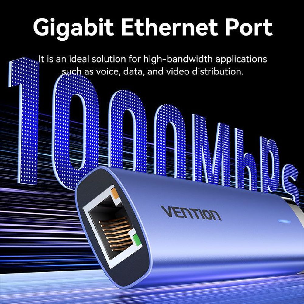Blue aluminum Ethernet port on a compact USB hub with Vention branding