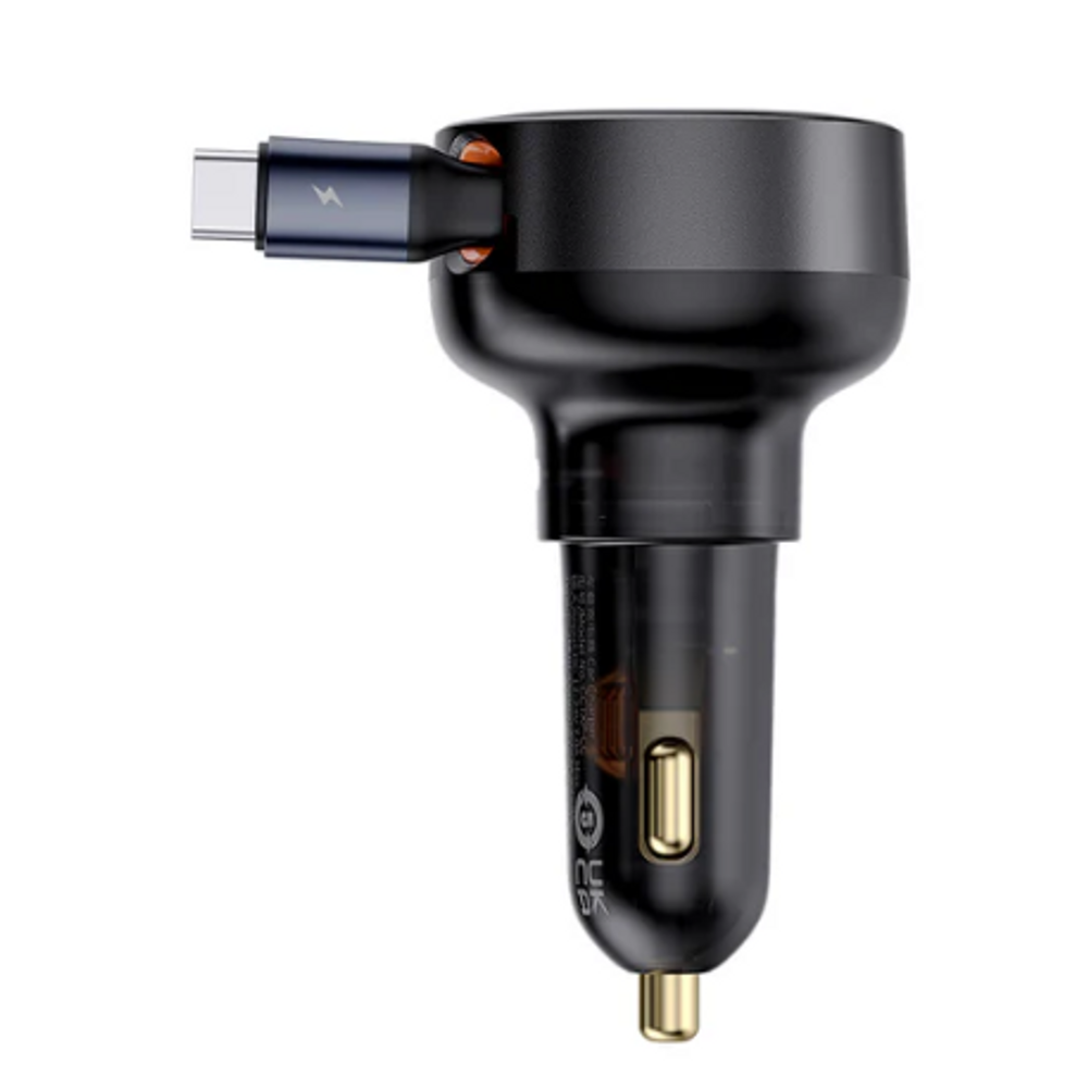 Black car charger with USB-C input and Type-C output, orange accents