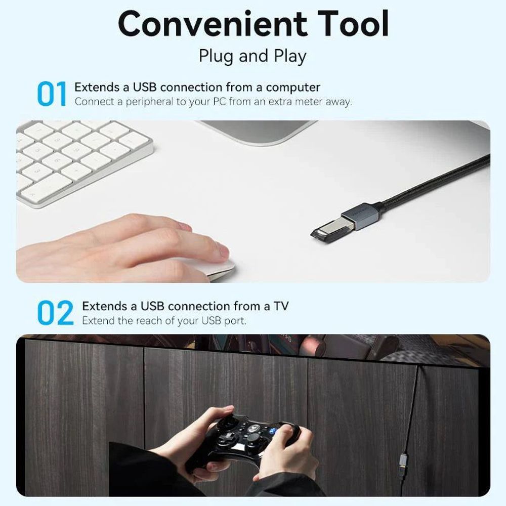 Vention Cotton Braided USB 3.0 Type A Male to Female Extension Cable 1M Gray Aluminum Alloy Type