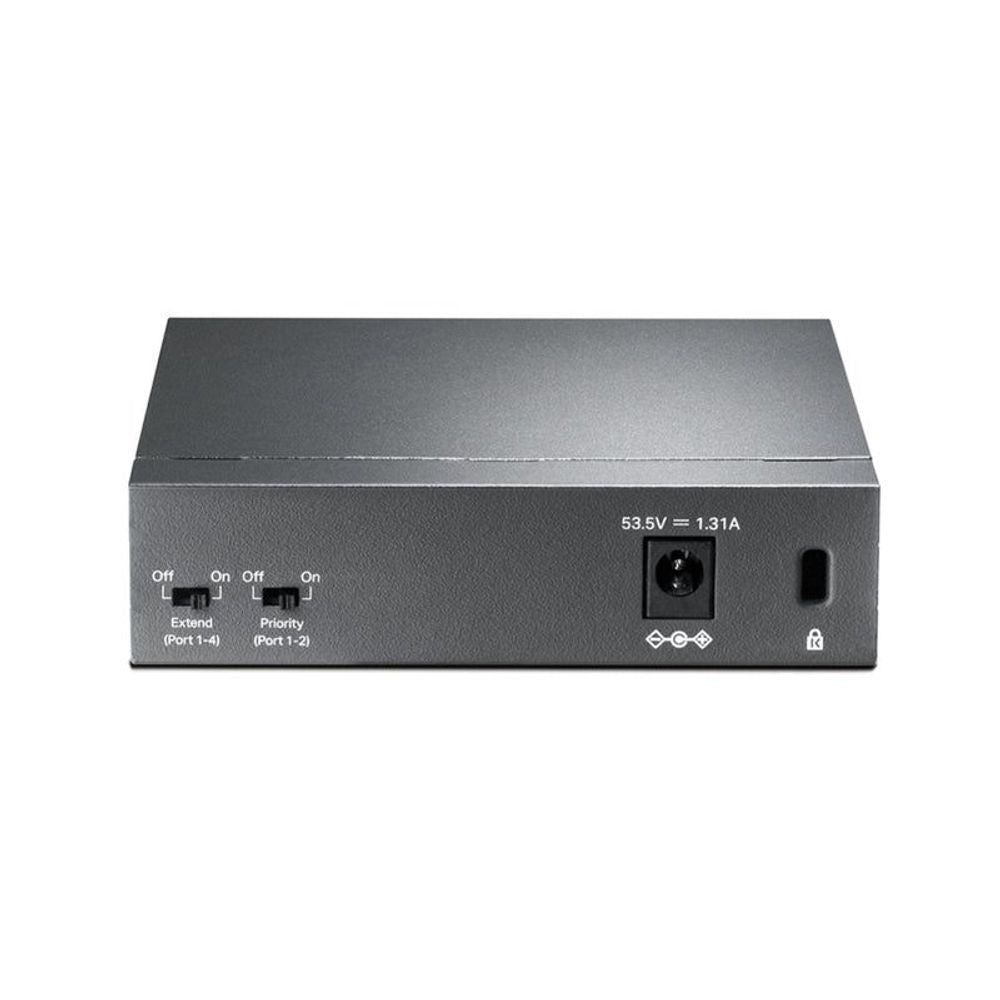 TP-Link desktop PoE switch rear panel with power jack, port switches, and LEDs