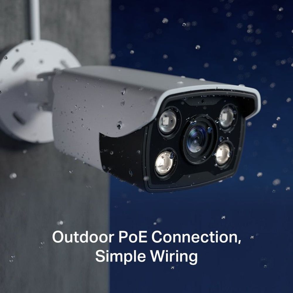 Weatherproof outdoor bullet camera with four lenses and water droplets on the body
