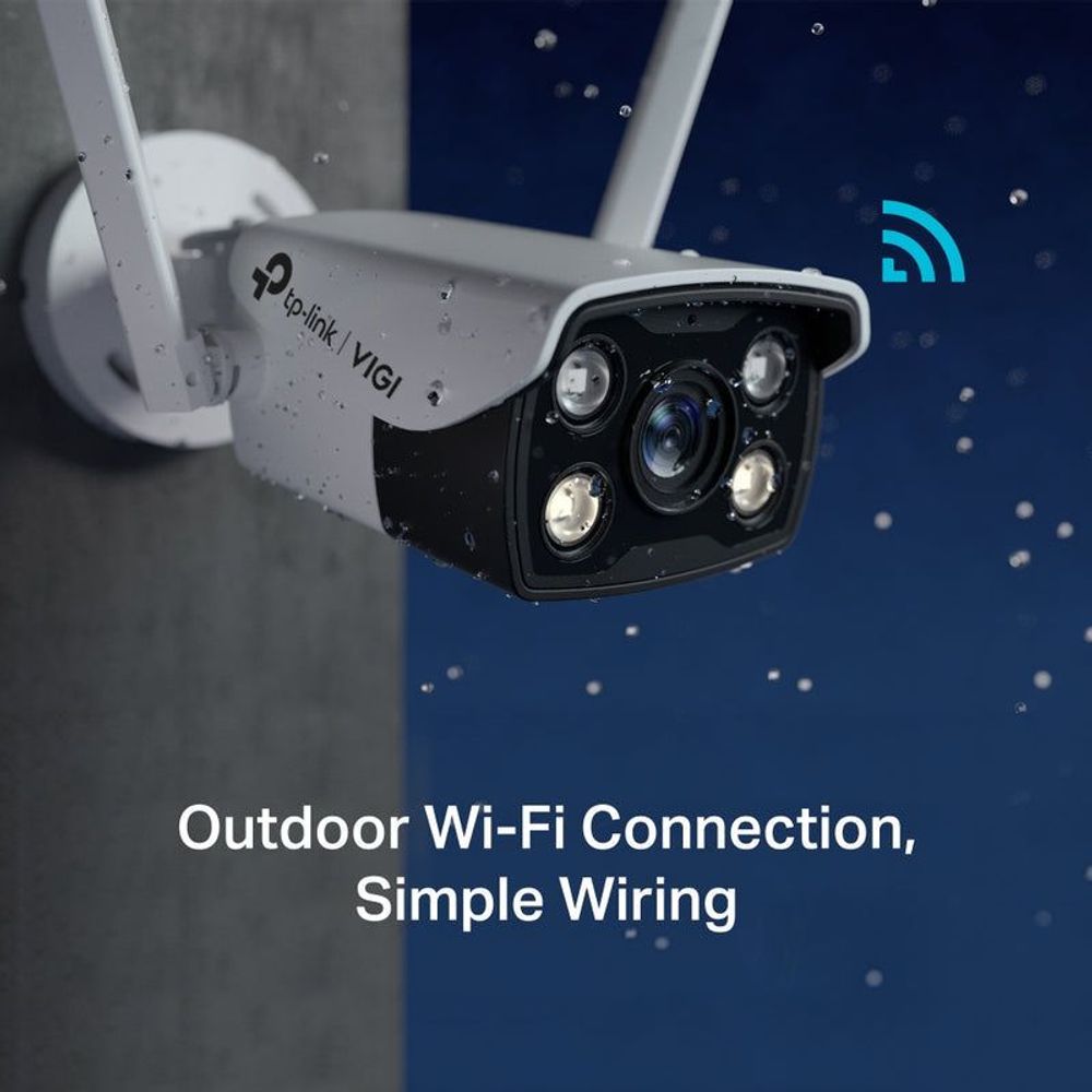 Outdoor Wi‑Fi bullet security camera on wall mount with dual lenses and IR LEDs