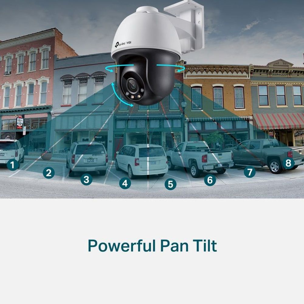 Outdoor pan-tilt network camera showing blue pan-tilt range lines