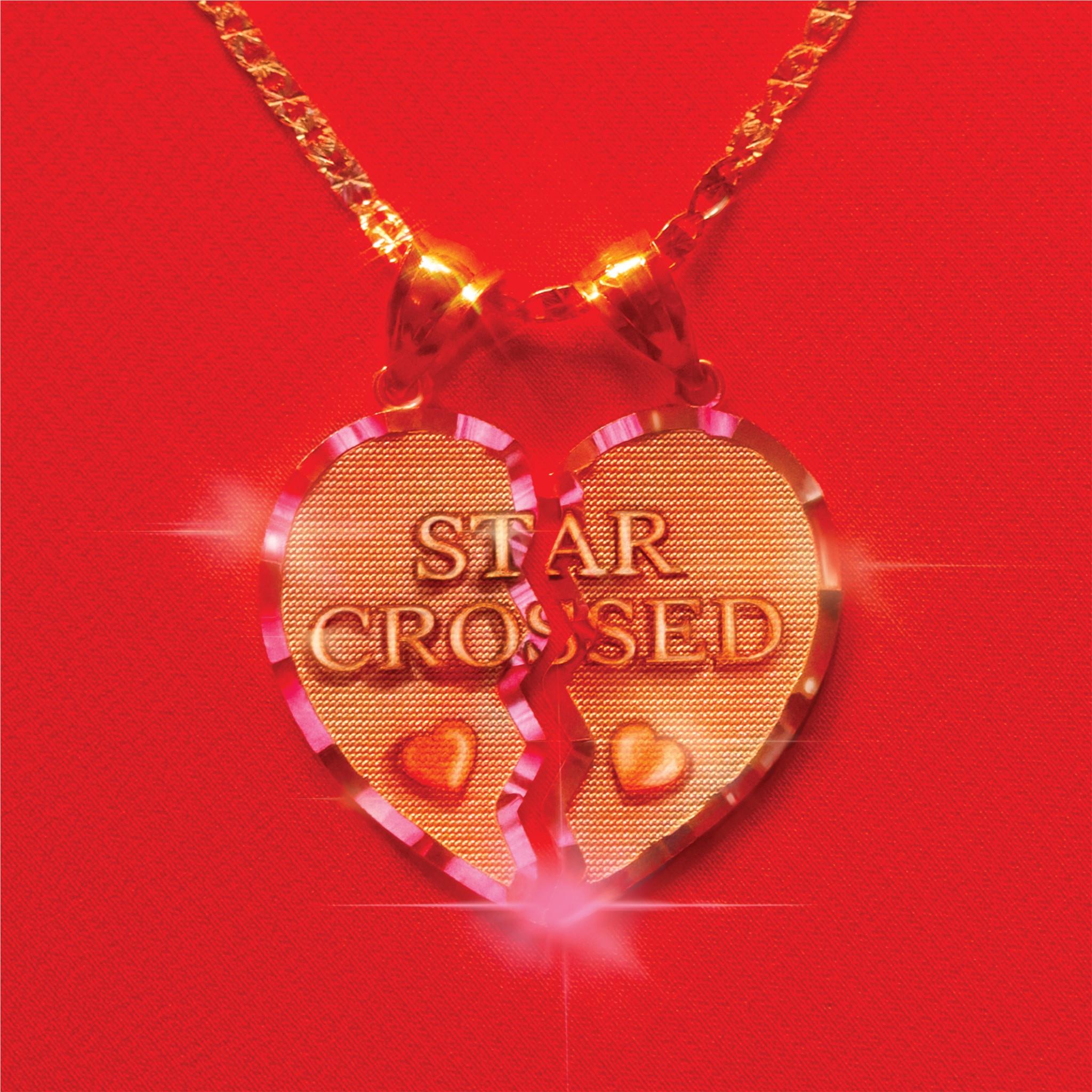 Star Crossed Deluxe Edition heart ornaments with gold STAR CROSSED lettering on red
