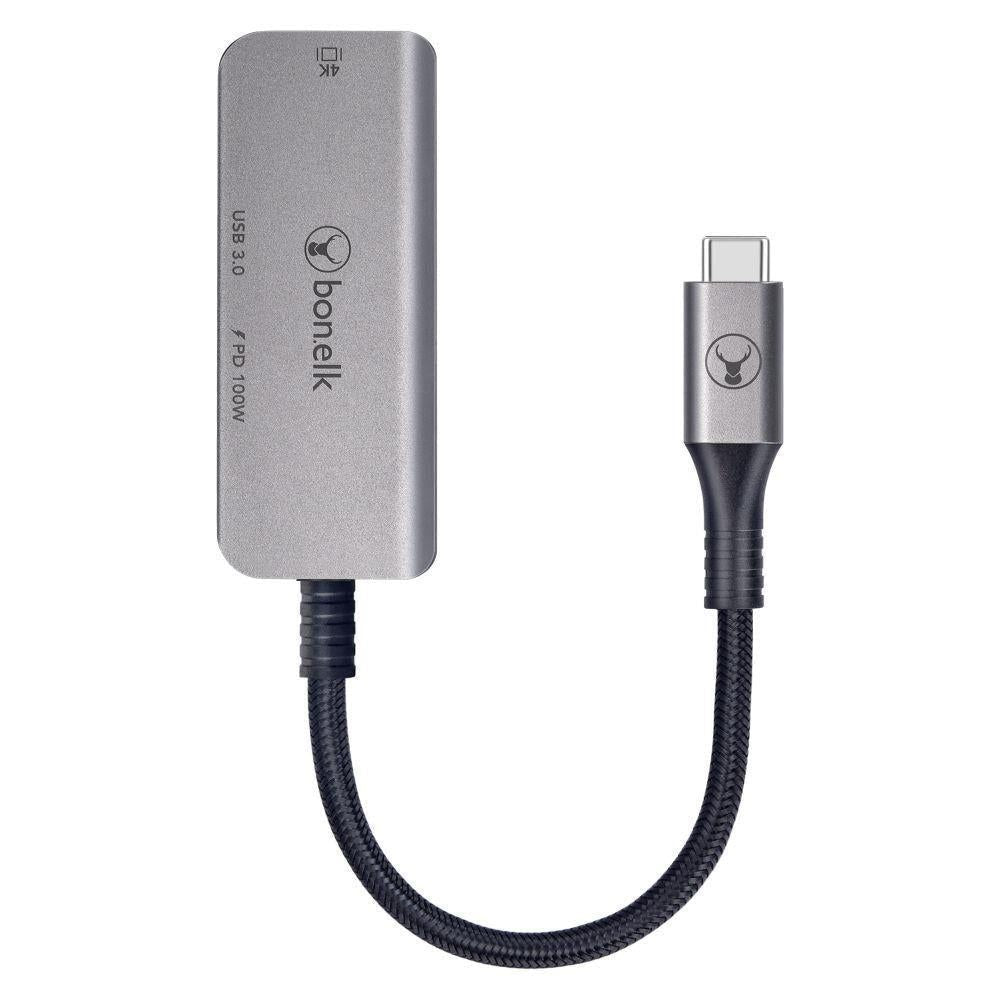 Space grey USB-C multiport hub with braided cable, showing USB and video ports
