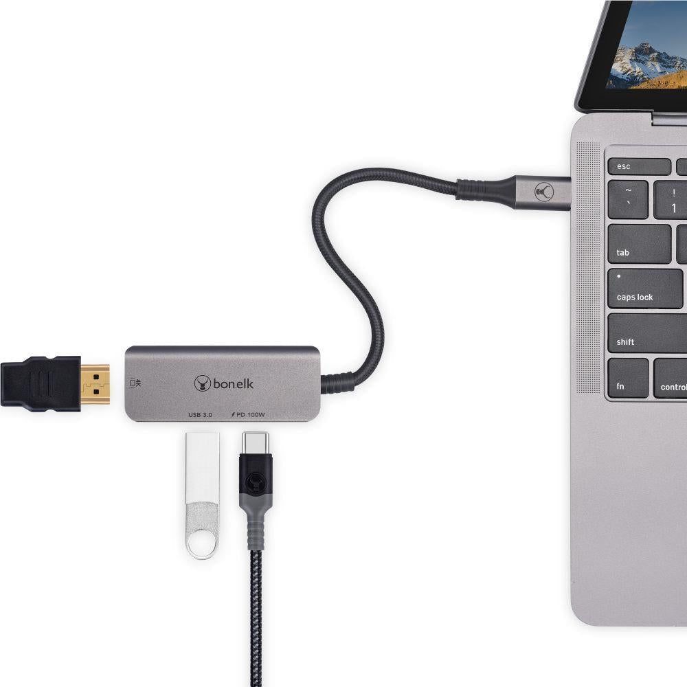 USB-C multiport hub with connected cables and ports, compact 3-in-1 layout