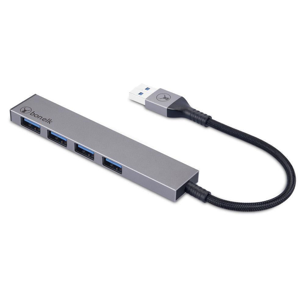 Space grey USB-A to four USB 3.0 ports slim hub with braided cable
