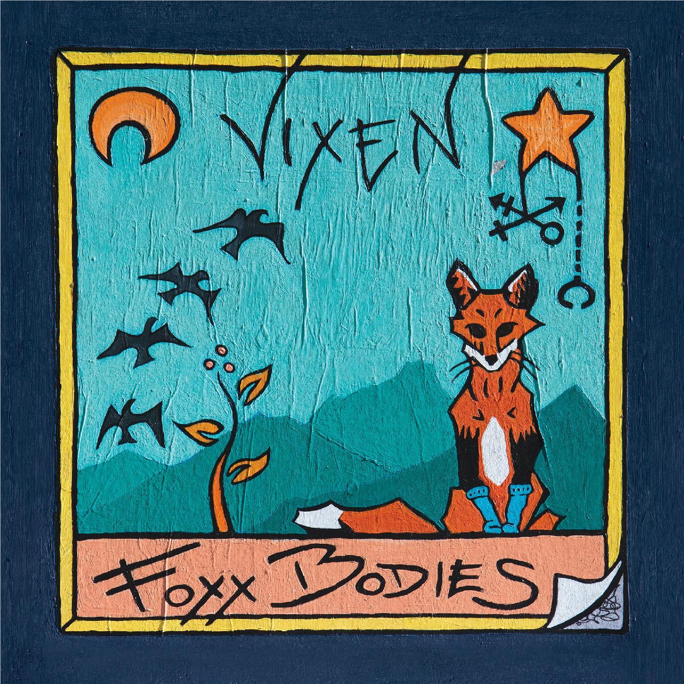 Framed fox-themed artwork with turquoise background and orange vixen cat figures