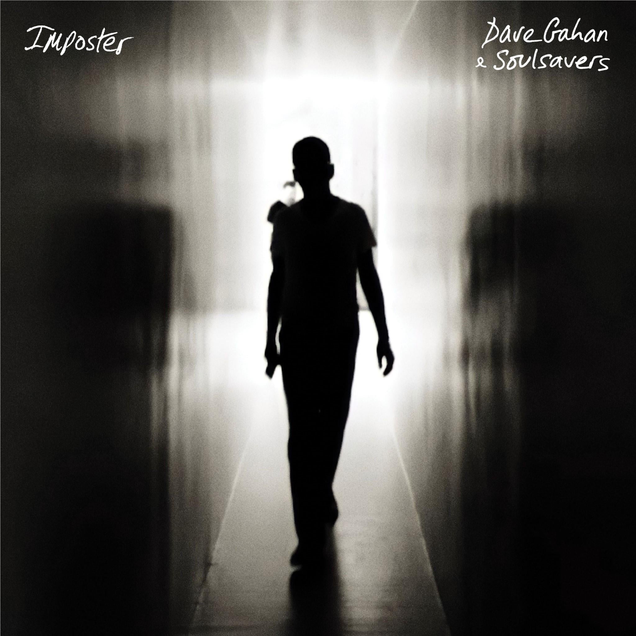 Imposter album cover with silhouetted man walking in dark hallway