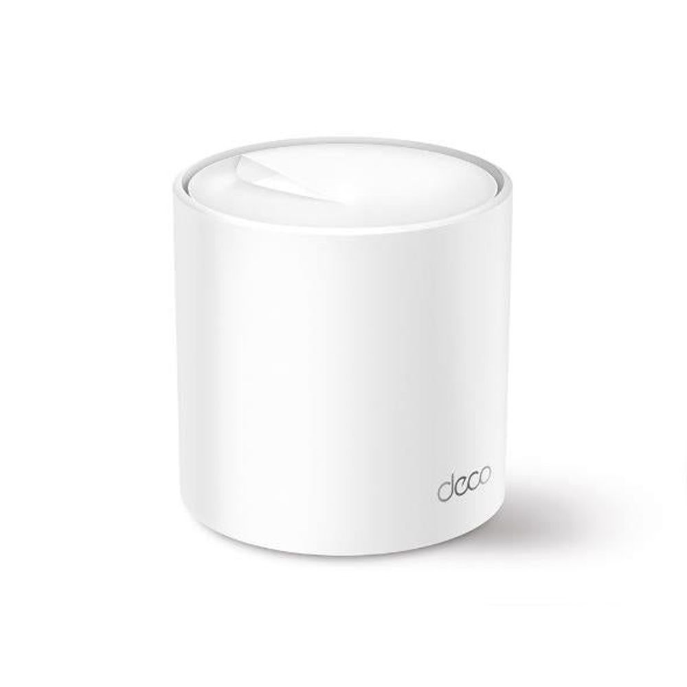 White TP-Link Deco mesh Wi‑Fi 6 router node, cylindrical design