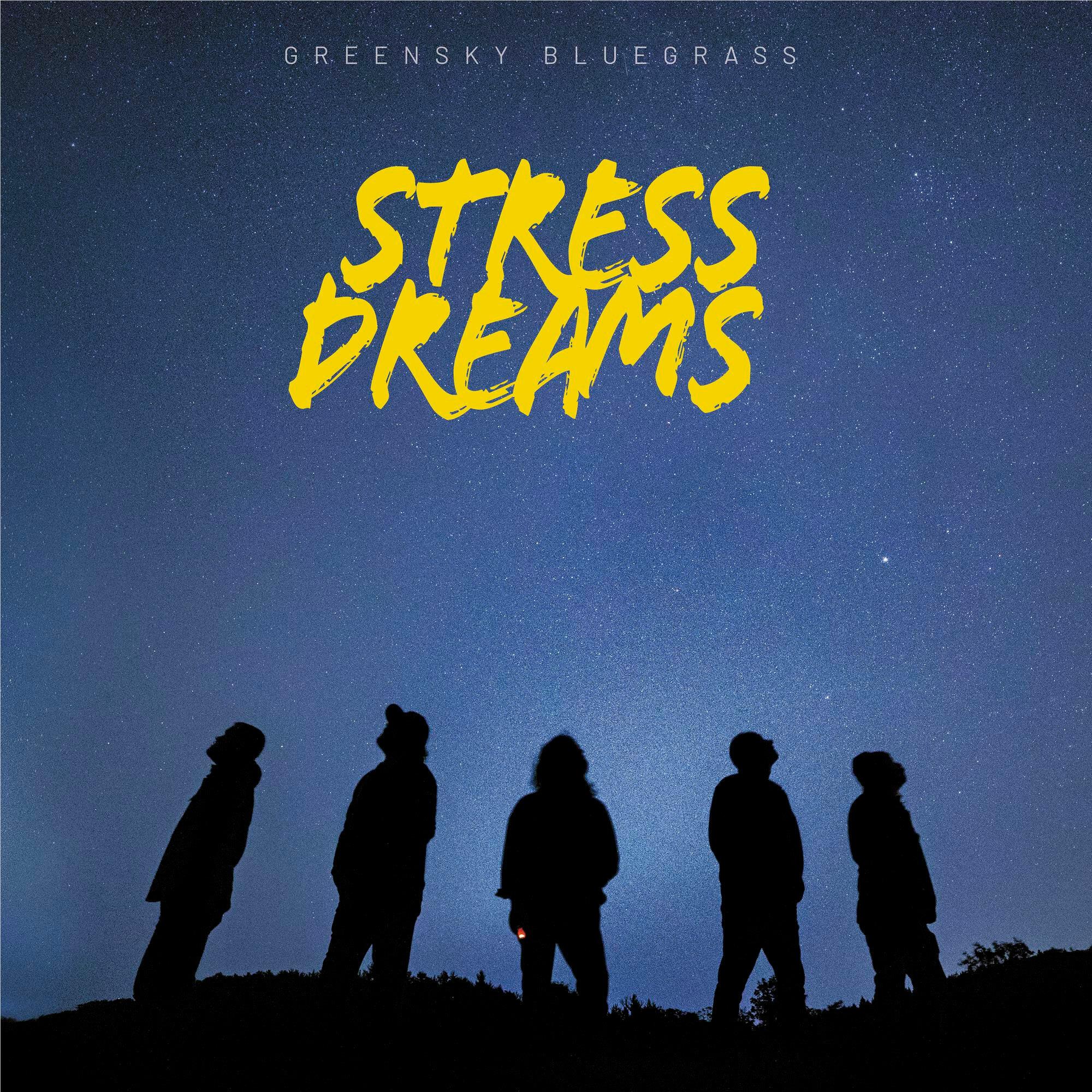 Music album cover with yellow graffiti text and five dark walking silhouettes