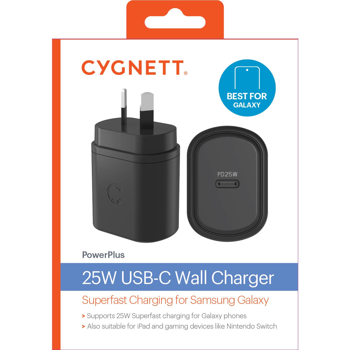 Cygnett PowerPlus 25W USB-C wall charger retail box for Galaxy devices