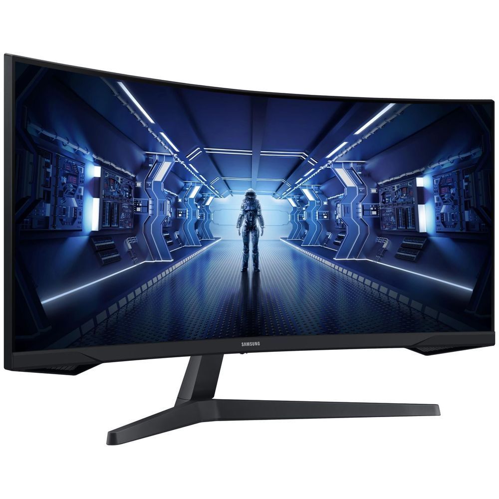 Curved gaming monitor front view with black stand and Odyssey G5 screen