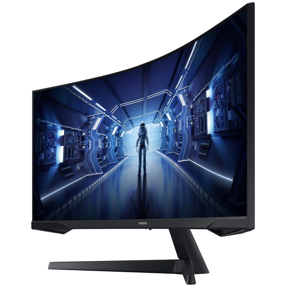 Curved gaming monitor front view with curved screen and black base stand