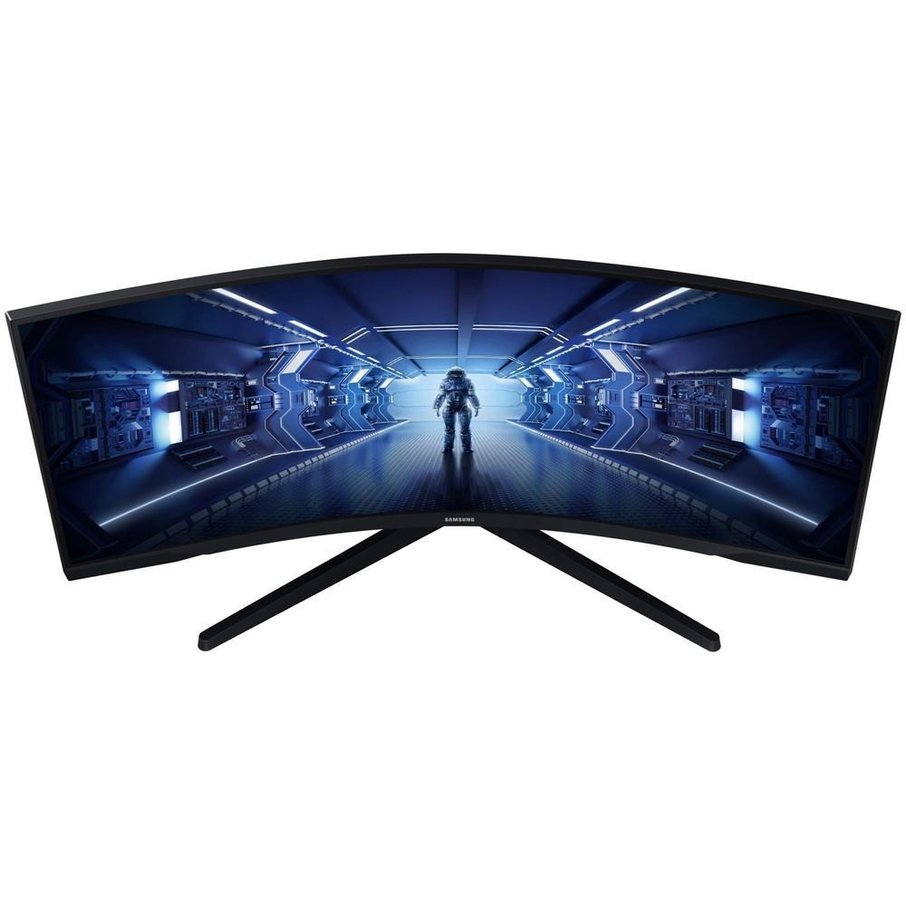Curved gaming monitor front with ultra-wide curved display and black base