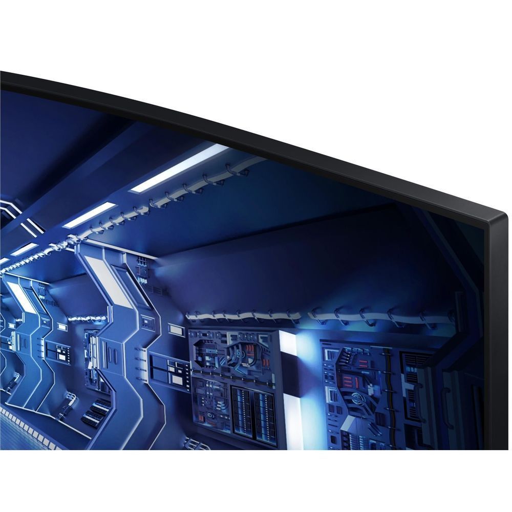Curved gaming monitor close-up of black bezel edge and screen corner