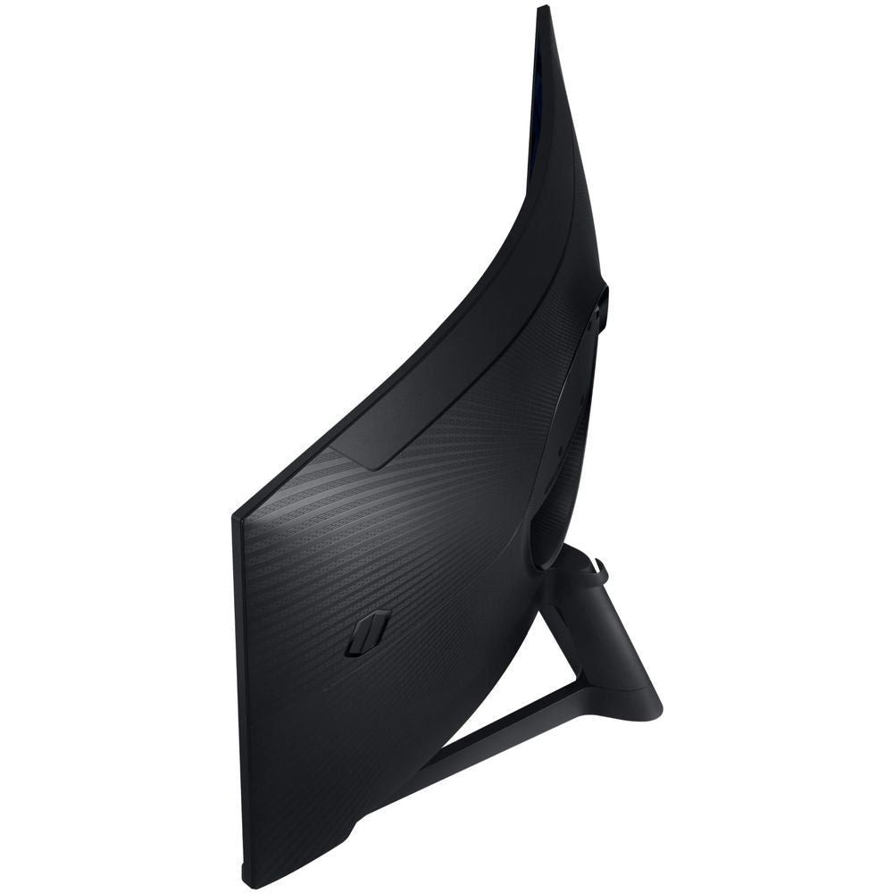 Curved gaming monitor angled side view with black textured back and stand