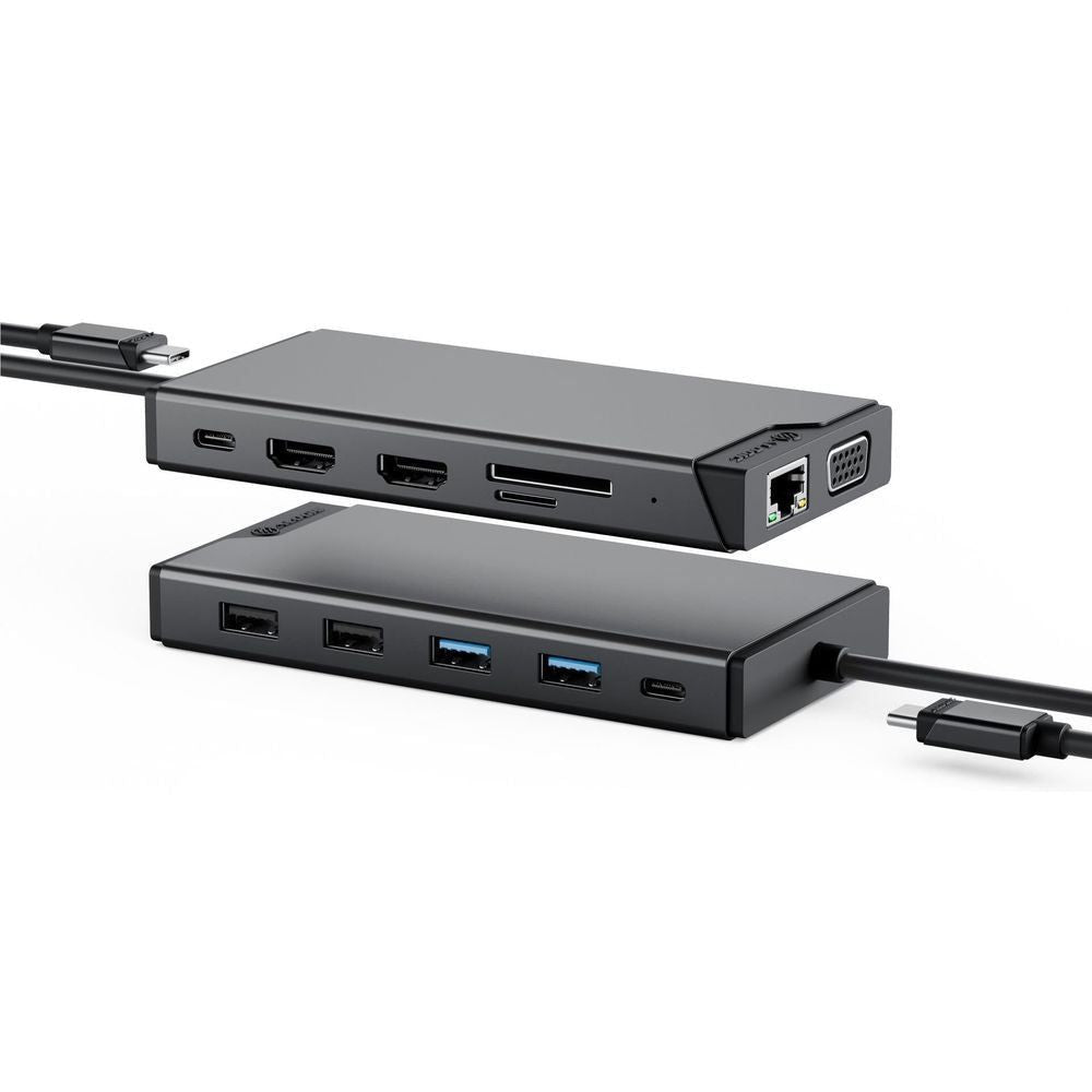 ALOGIC USB-C dual display dock with video outputs and USB ports, black metal