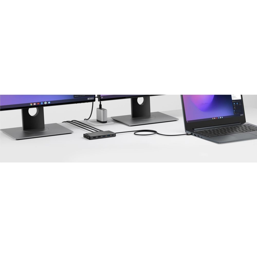 ALOGIC USB-C dual display docking station on desk, connected to two monitors