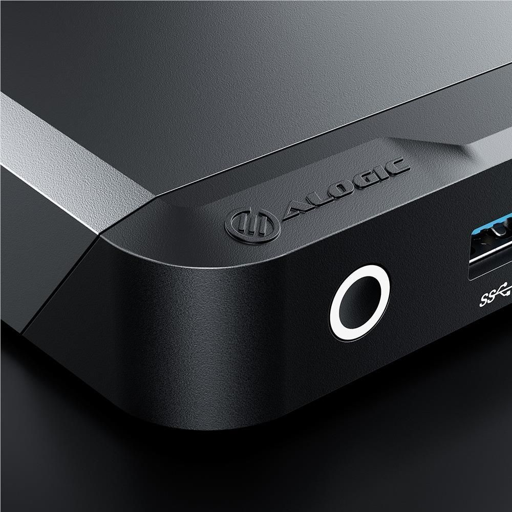 ALOGIC docking station front corner with power button and “ALOGIC” logo
