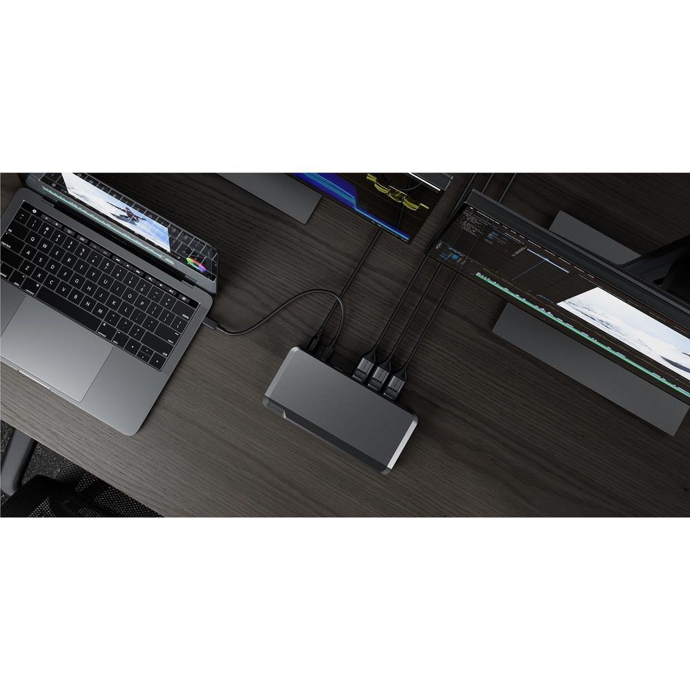 ALOGIC universal triple 4K docking station connected on desk with cables