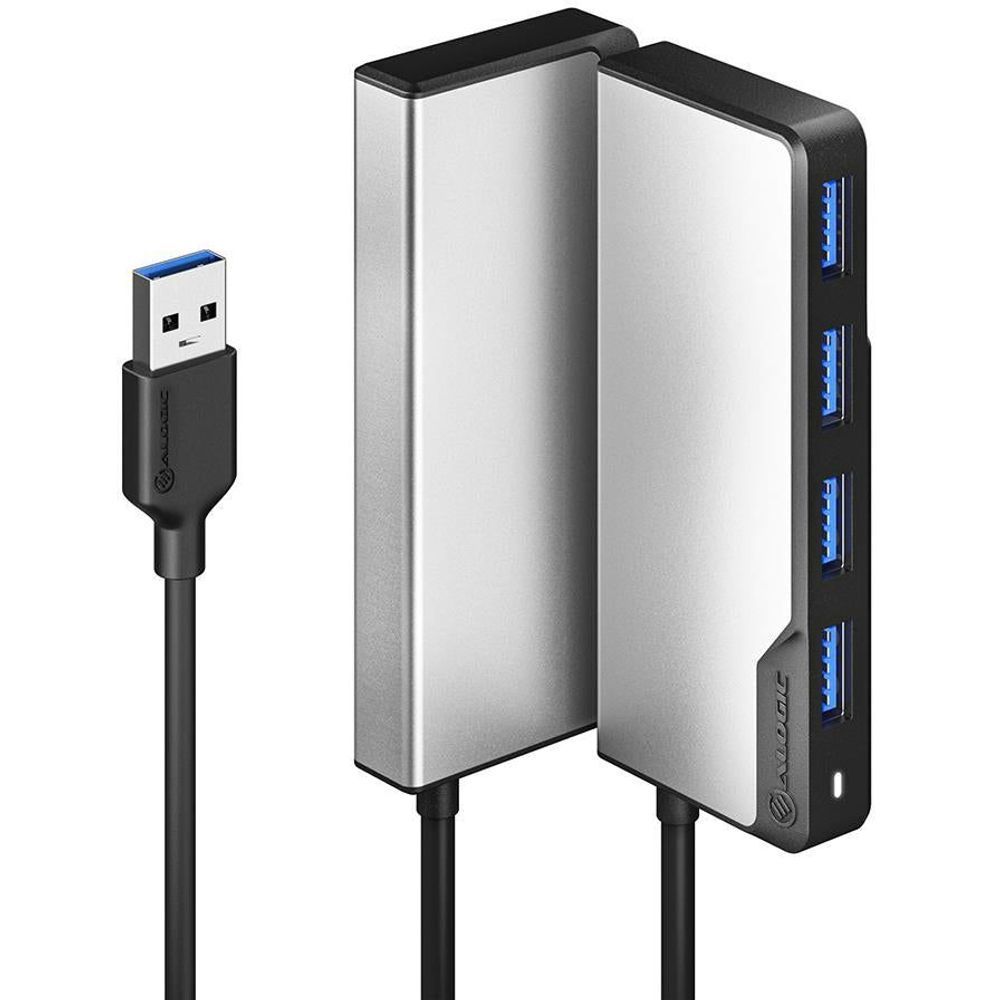 Space grey 4-port USB-A hub with blue USB ports and connected cable