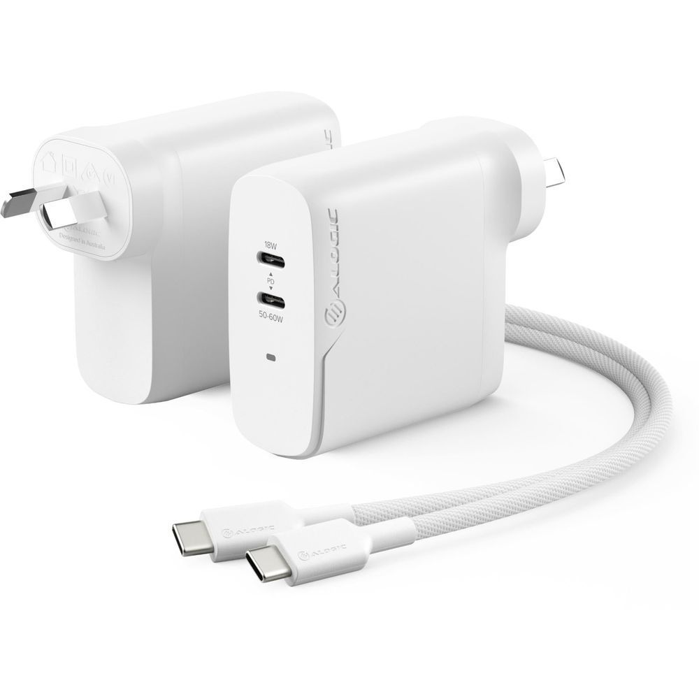 White 2-port USB-C wall charger with included USB-C charge cable