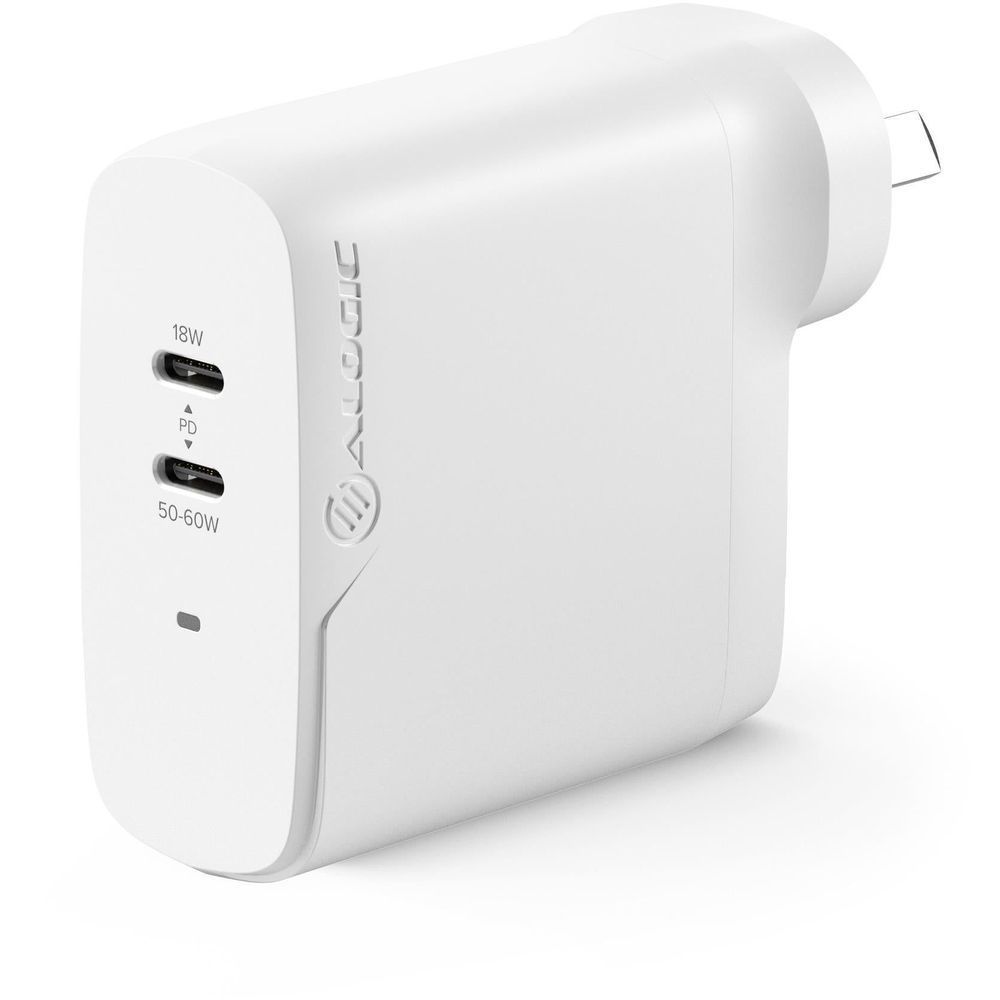 White 2-port USB-C wall charger with 18W and 50-60W power markings