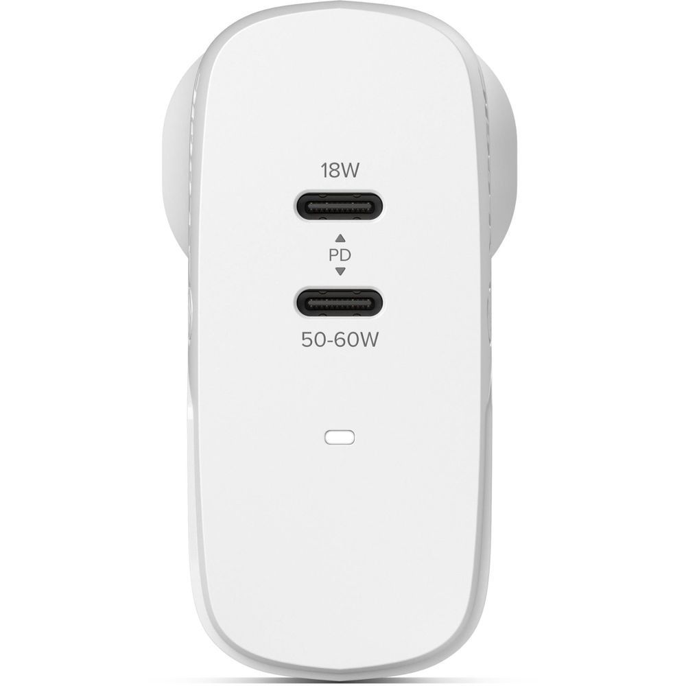 White compact 2-port USB-C wall charger with 18W PD and 50-60W labels