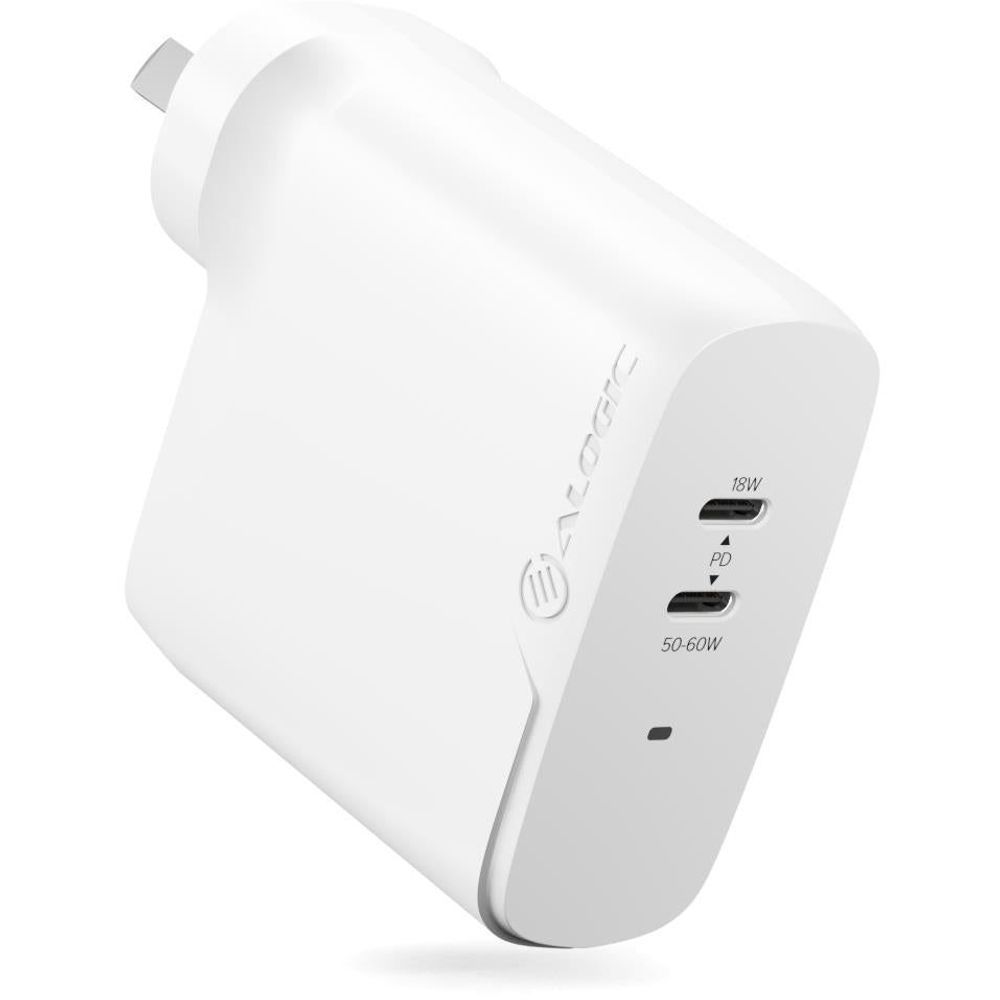 White USB-C wall charger with dual ports and 18W PD/50-60W markings