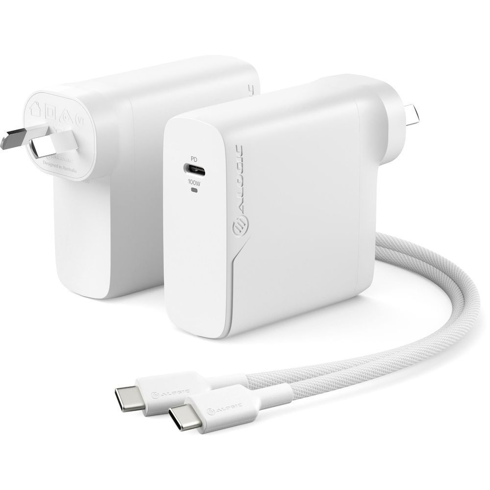 White 100W GaN wall charger with USB-C charging cable, plug-in design