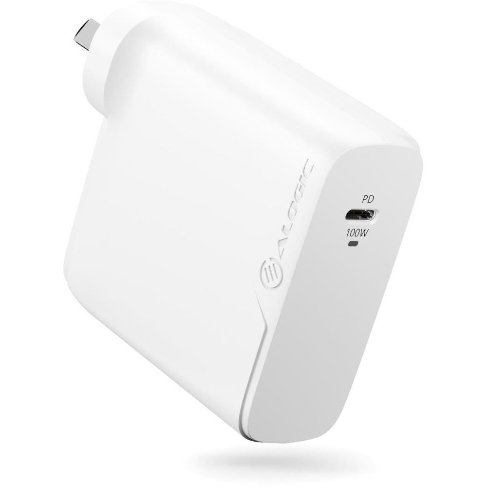 White 100W GaN wall charger angled view with PD and 100W markings