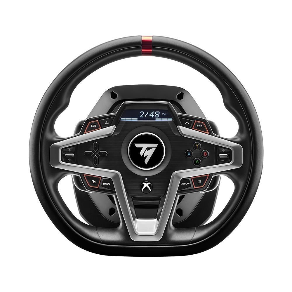 Racing wheel controller close-up with illuminated center display, red stripe on rim, action buttons