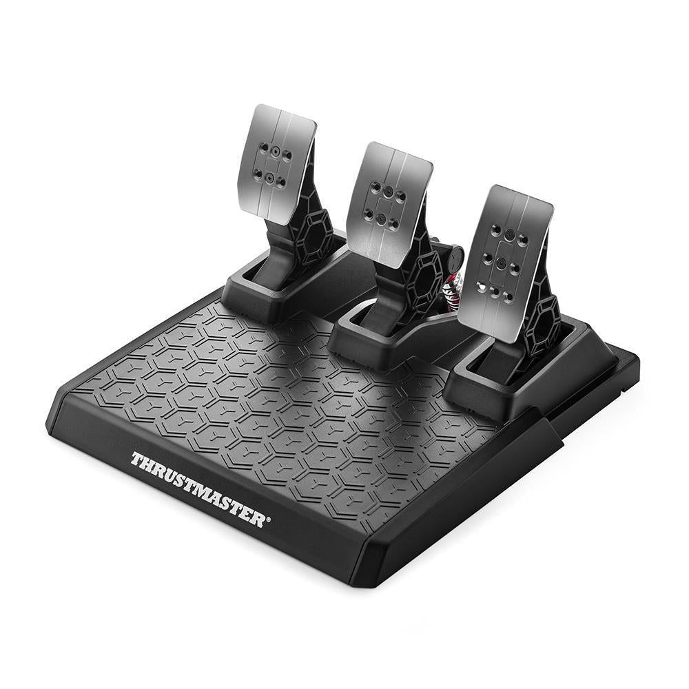 Racing wheel base with textured platform and three metal pedal mounts, Thrustmaster logo