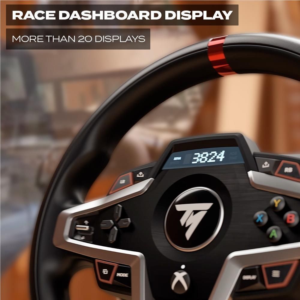 Steering wheel dashboard with RPM digits on black display and surrounding control buttons