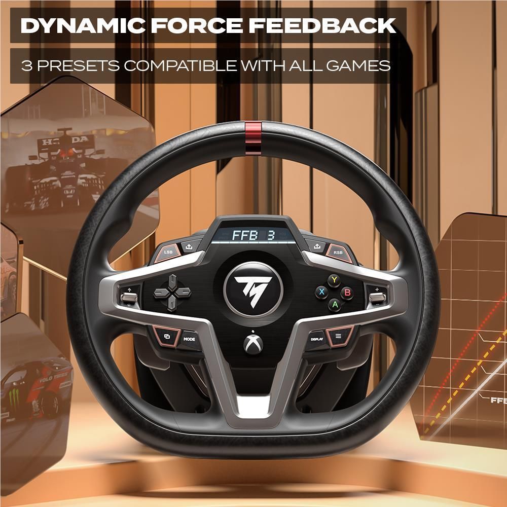 Steering wheel with black rim, red stripe, silver control panels, and center logo