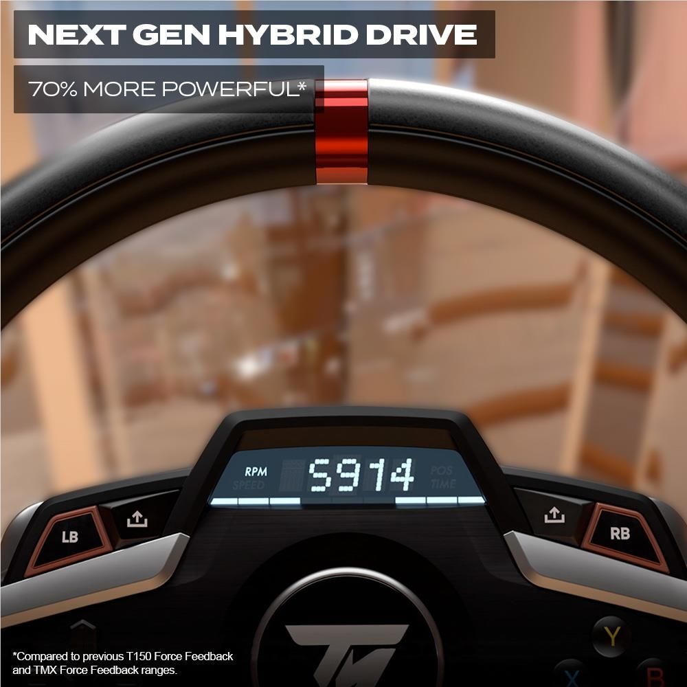 Steering wheel rim with red center stripe and dashboard screen showing RPM digits